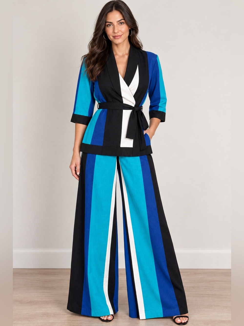 New York & Co Striped Colorblock Wide Leg Pants & Wrap Top Set Blue Women Large
